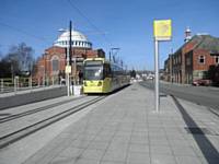 Tram at the Rochdale Railway Station stop on 28 February 2013.  Photo J Dillon